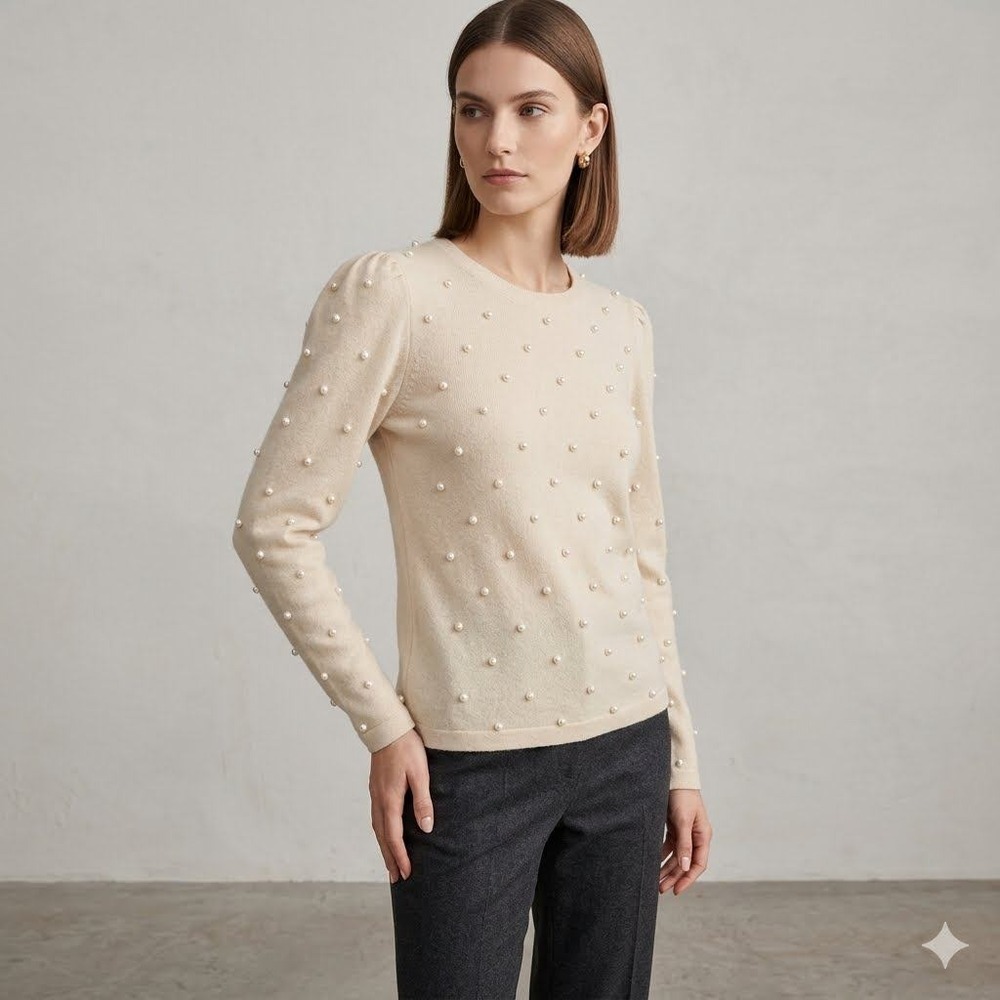 Qi Cashmere Cream Pearl Embellished Puff Shoulder Sweater Womens‎ Medium Beige
